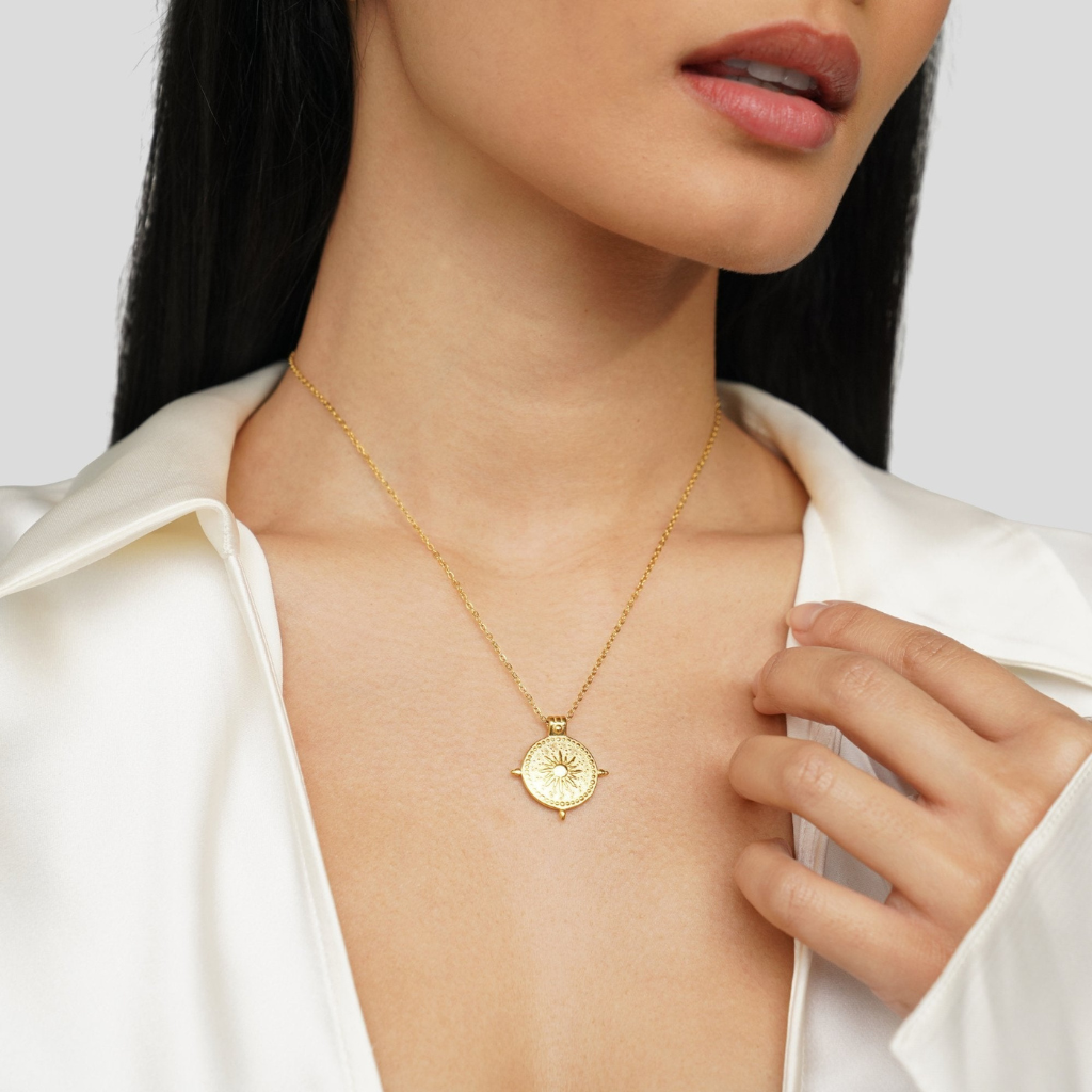 Gold Tone Layered Sun Pendant Necklace with Chain Detail