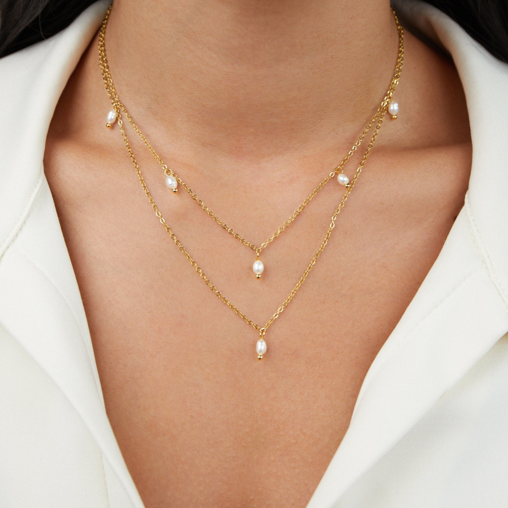 Pearl Drop Layered Chain Necklace