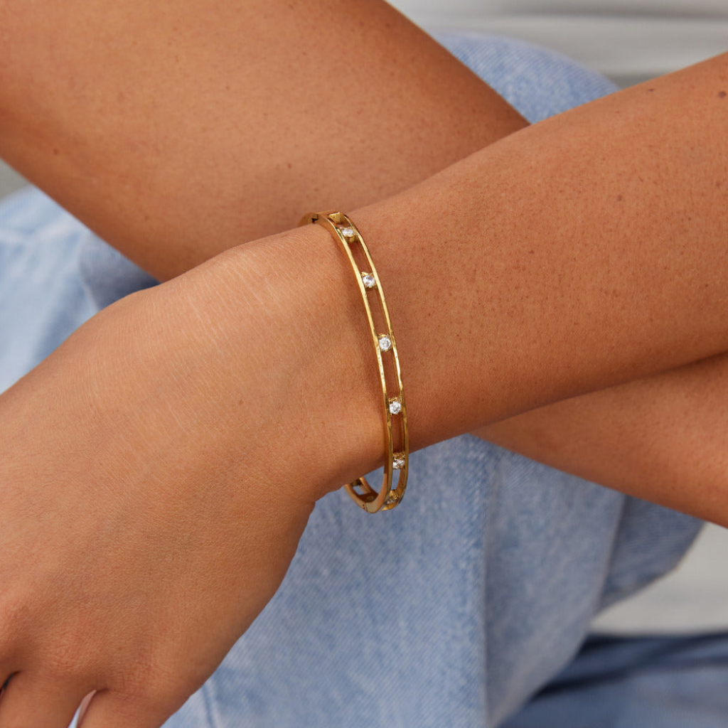 Gold Bangle Bracelet with Crystal Stone Settings