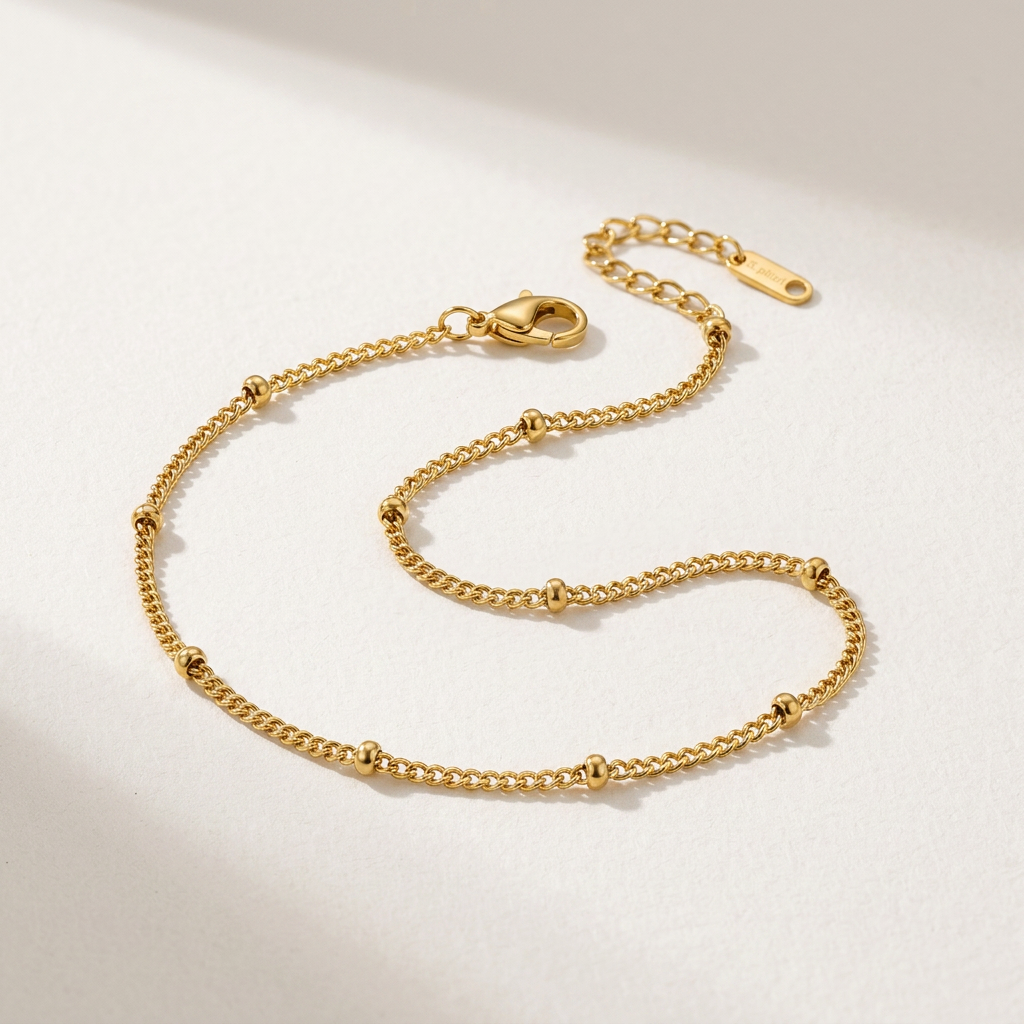 Gold Plated Anklet with Fine Beaded Chain