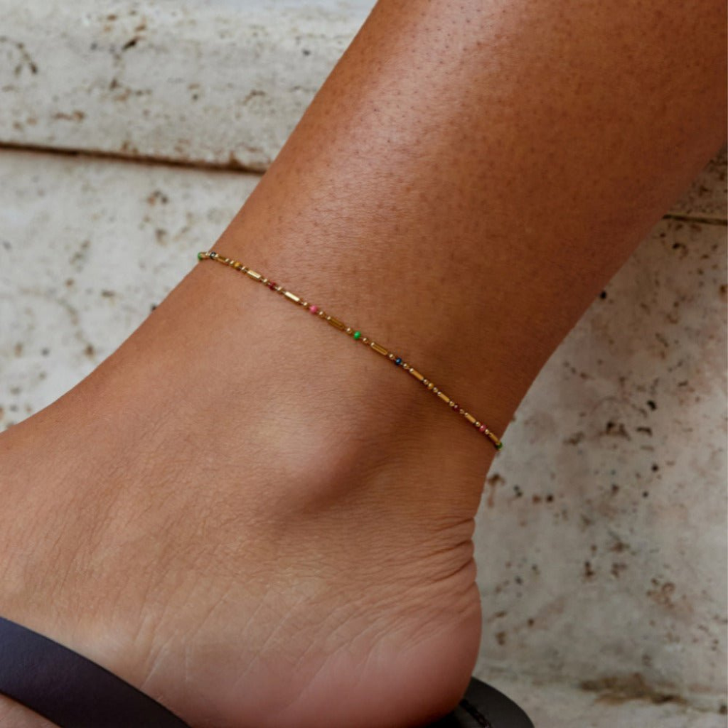 Gold Plated Rainbow Beaded Anklet