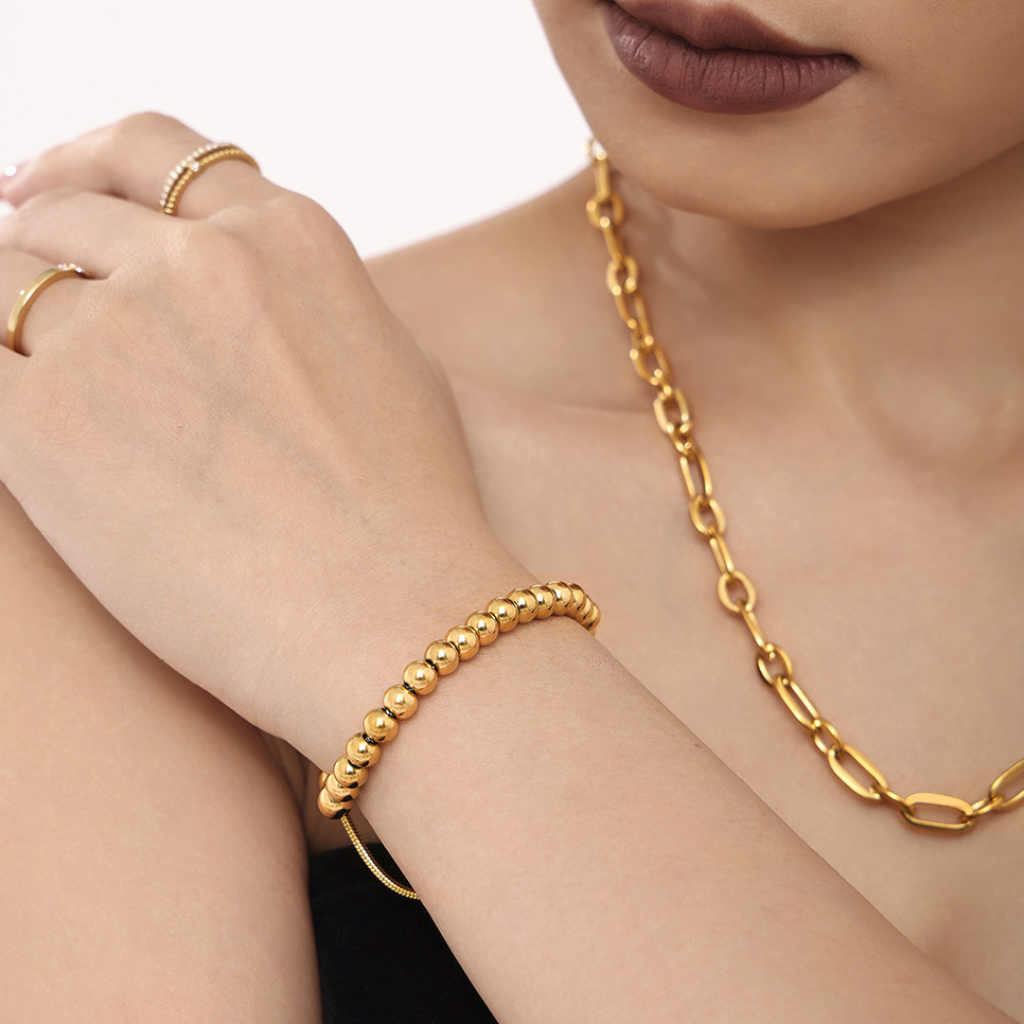 Gold Plated Beaded Bracelet with Slider Chain