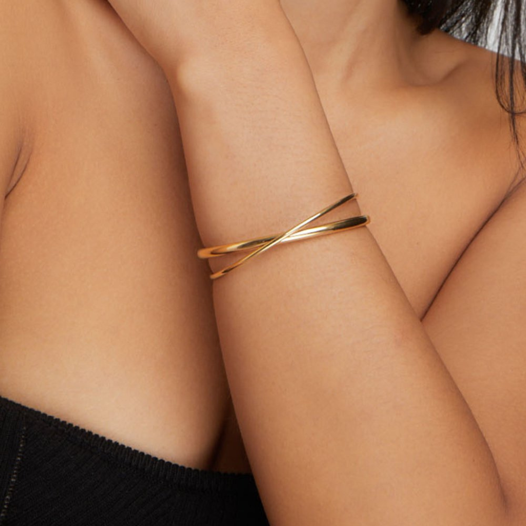 Gold Plated Twisted Cuff Bracelet with Cross Design