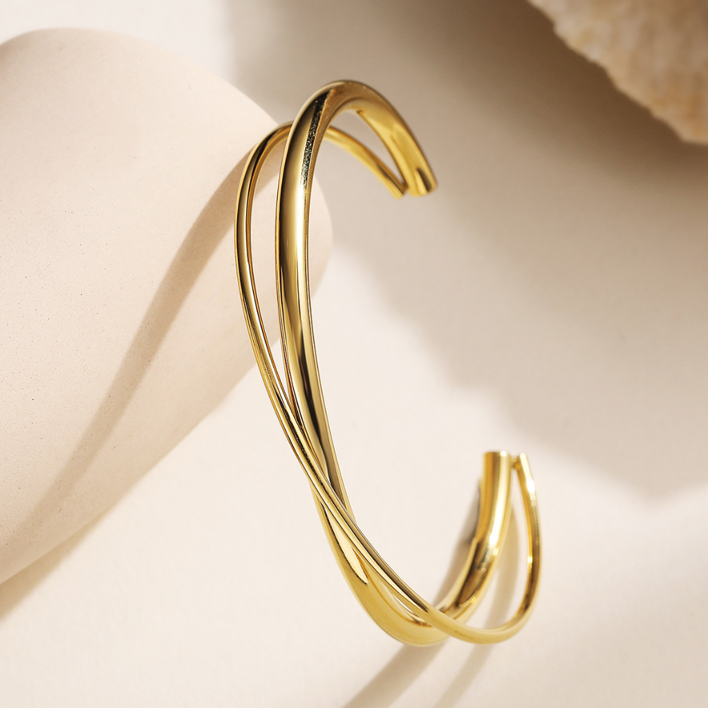 Gold Plated Twisted Cuff Bracelet with Cross Design