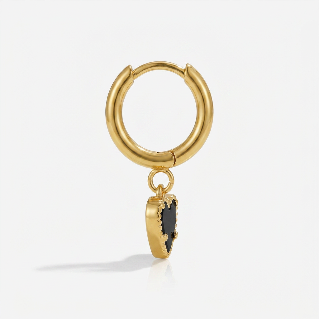 Gold Hoop Earrings with Black Heart Charm