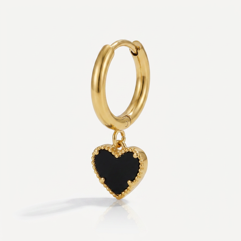 Gold Hoop Earrings with Black Heart Charm