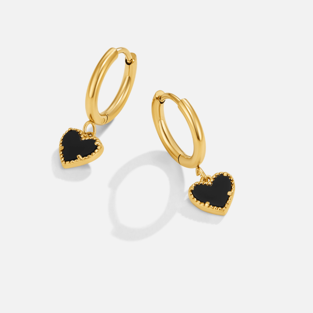 Gold Hoop Earrings with Black Heart Charm