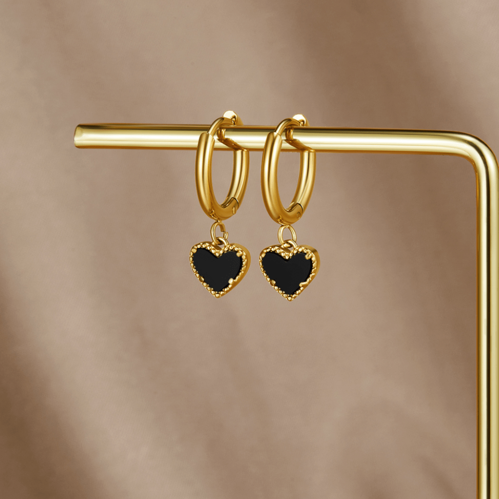 Gold Hoop Earrings with Black Heart Charm