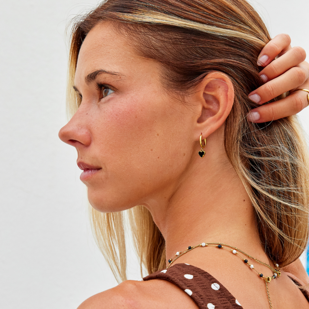 Gold Hoop Earrings with Black Heart Charm