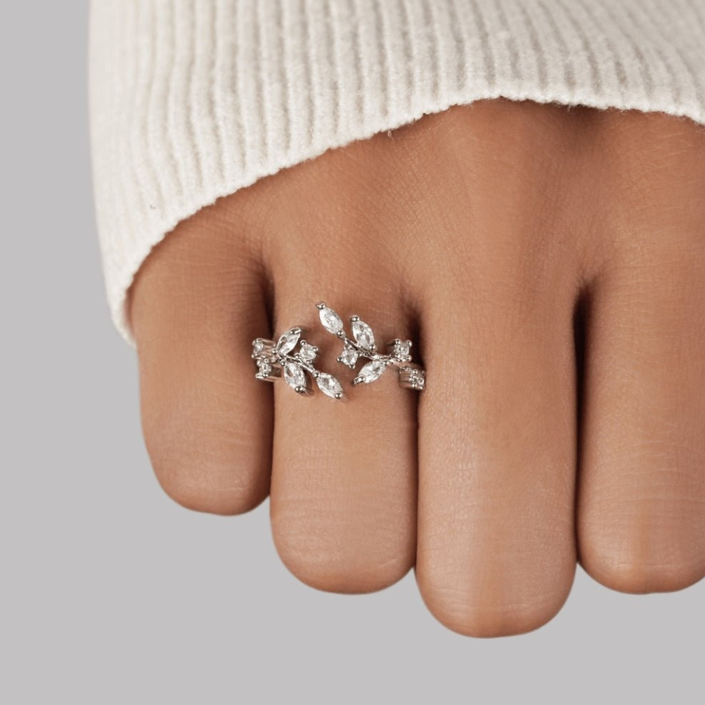 Vine Ring with Crystal Leaf Design
