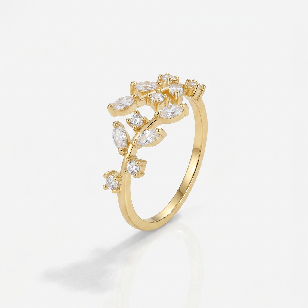Vine Ring with Crystal Leaf Design