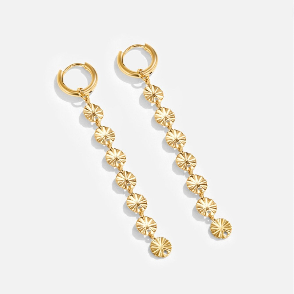 Gold Plated Disc Drop Earrings with Textured Chain Detail