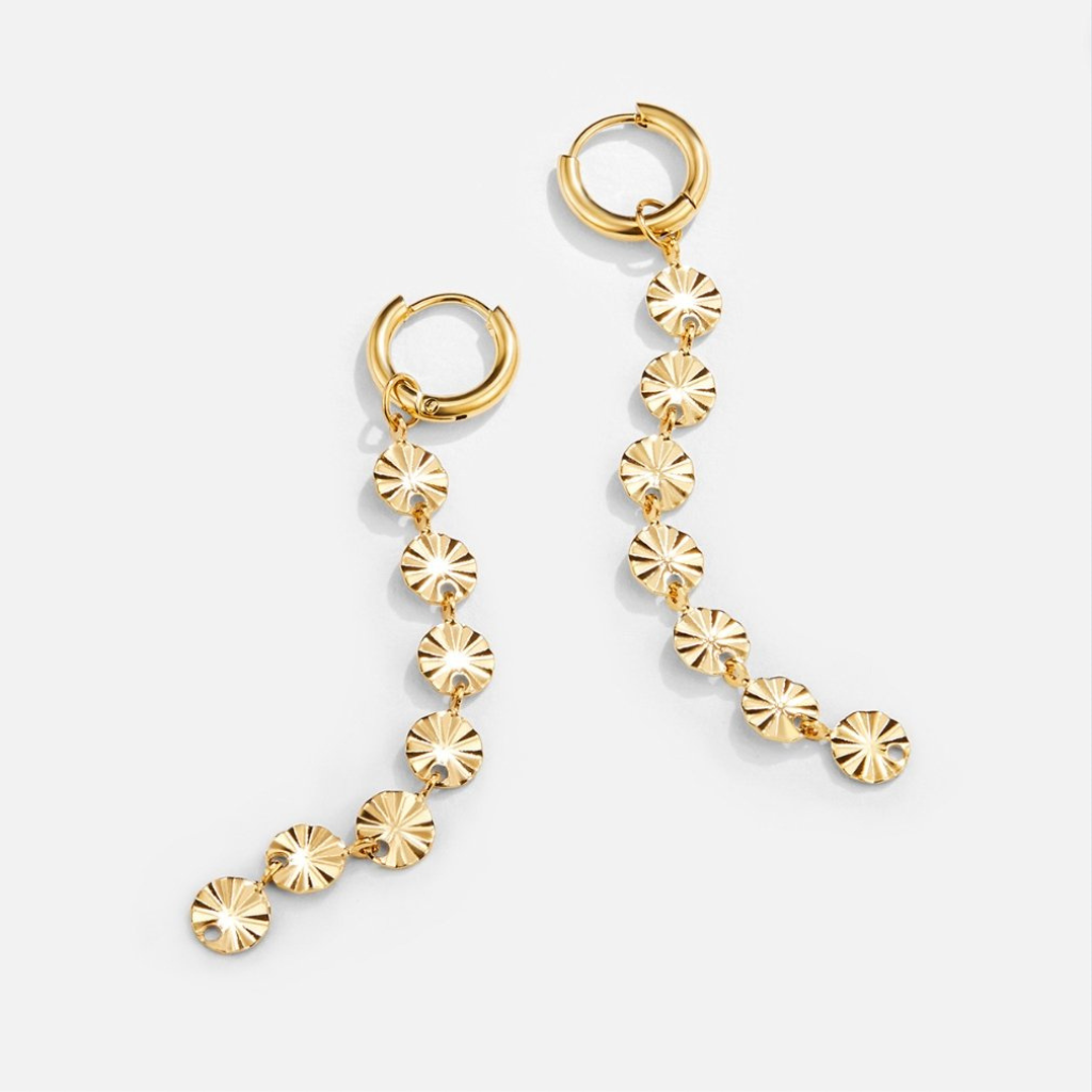 Gold Plated Disc Drop Earrings with Textured Chain Detail