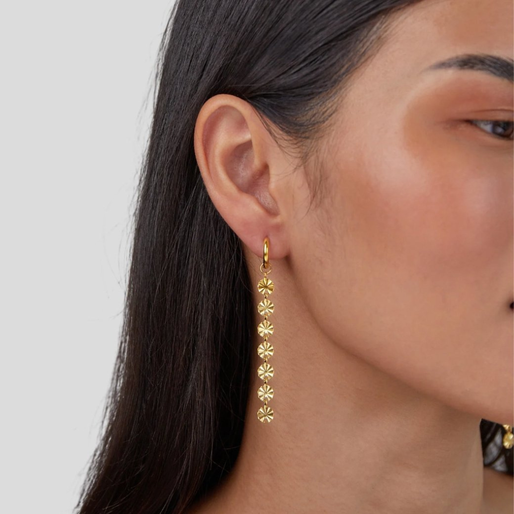 Gold Plated Disc Drop Earrings with Textured Chain Detail