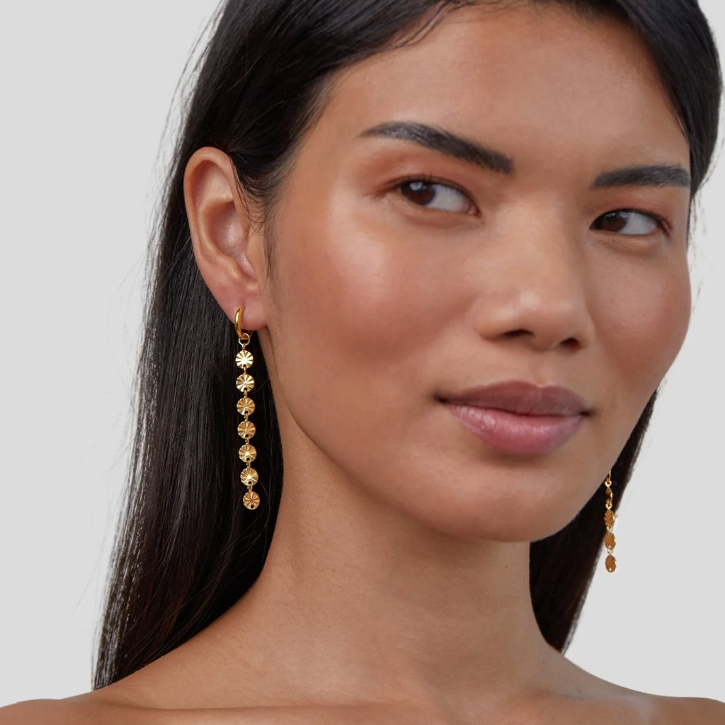 Gold Plated Disc Drop Earrings with Textured Chain Detail