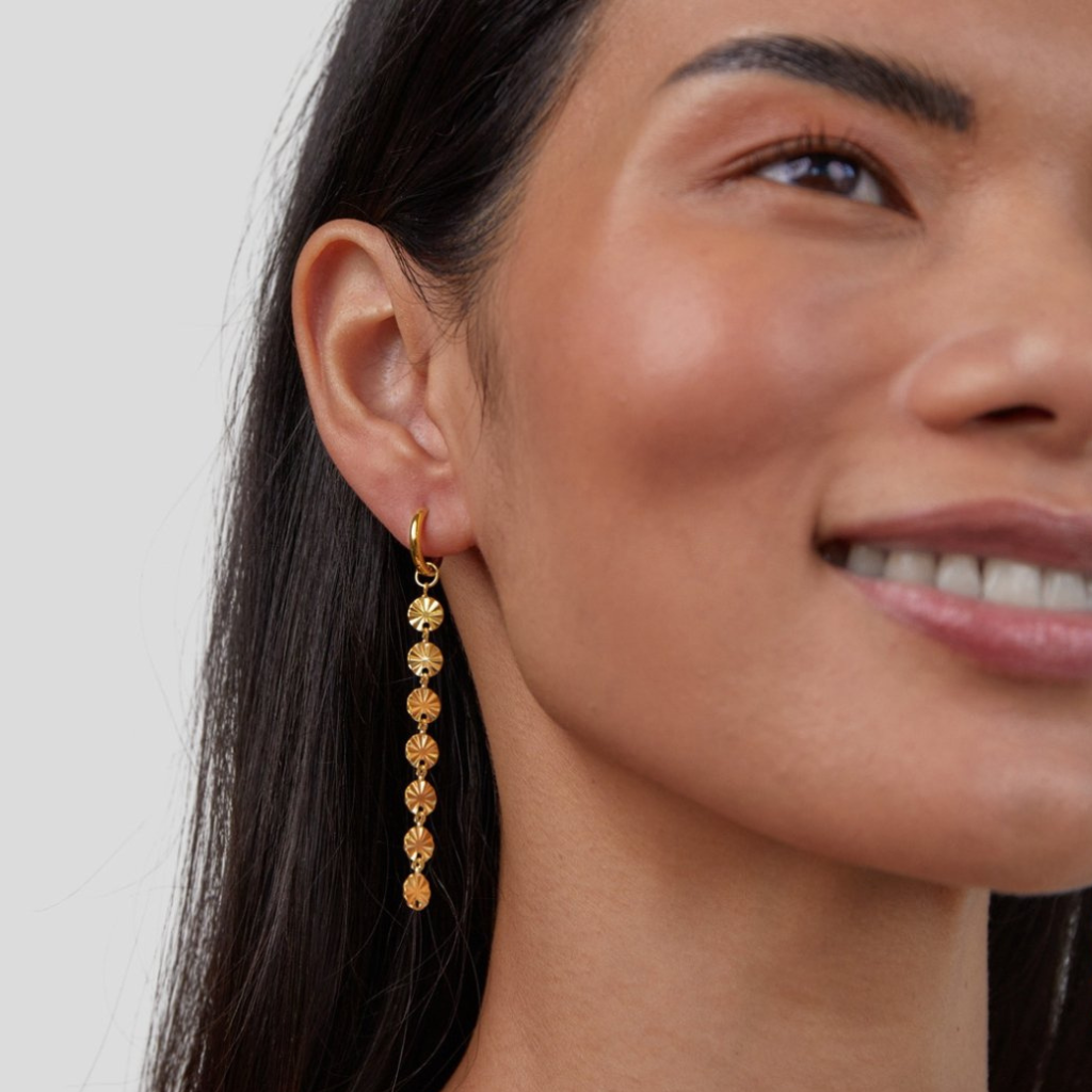 Gold Plated Disc Drop Earrings with Textured Chain Detail