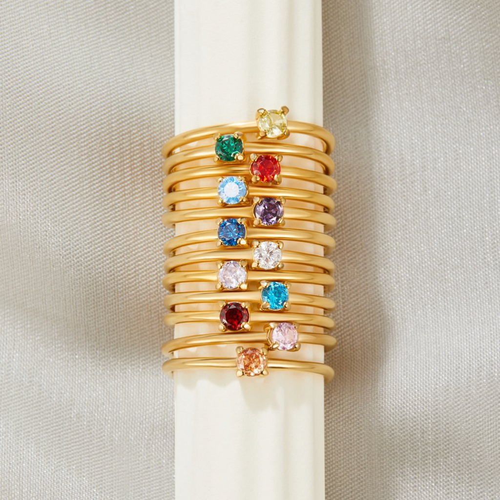 Gold Plated Birthstone Ring with Round Crystal