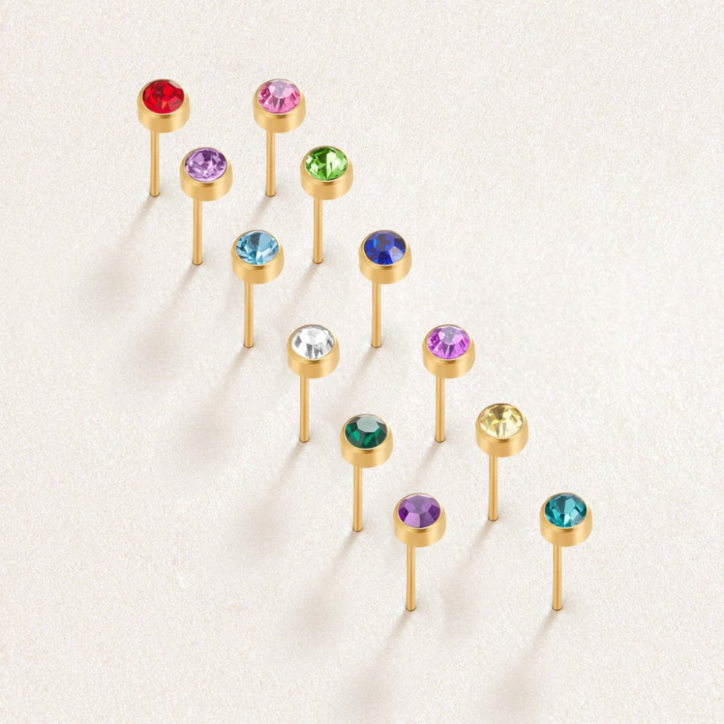 Gold Plated Stud Earrings with Round Birthstone Crystals