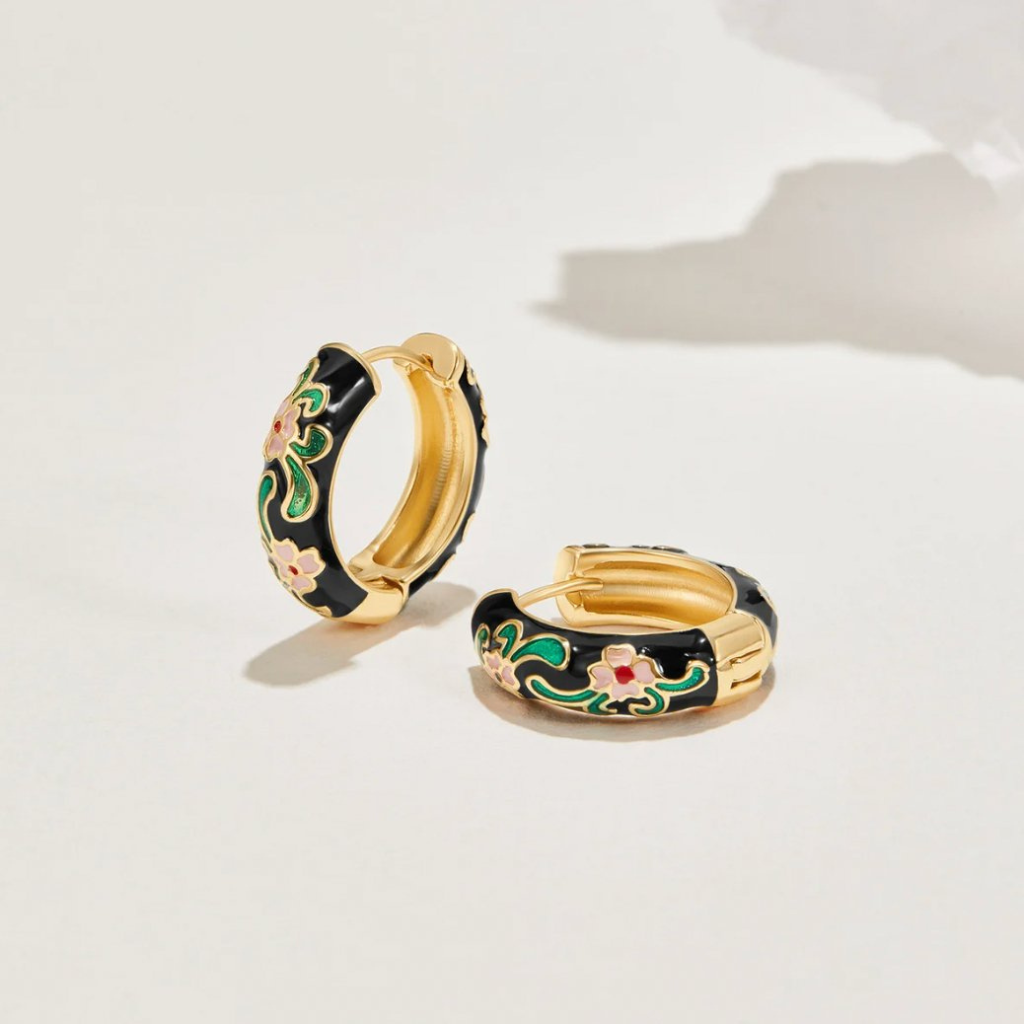 Black Hoop Earrings with Floral Enamel Detail