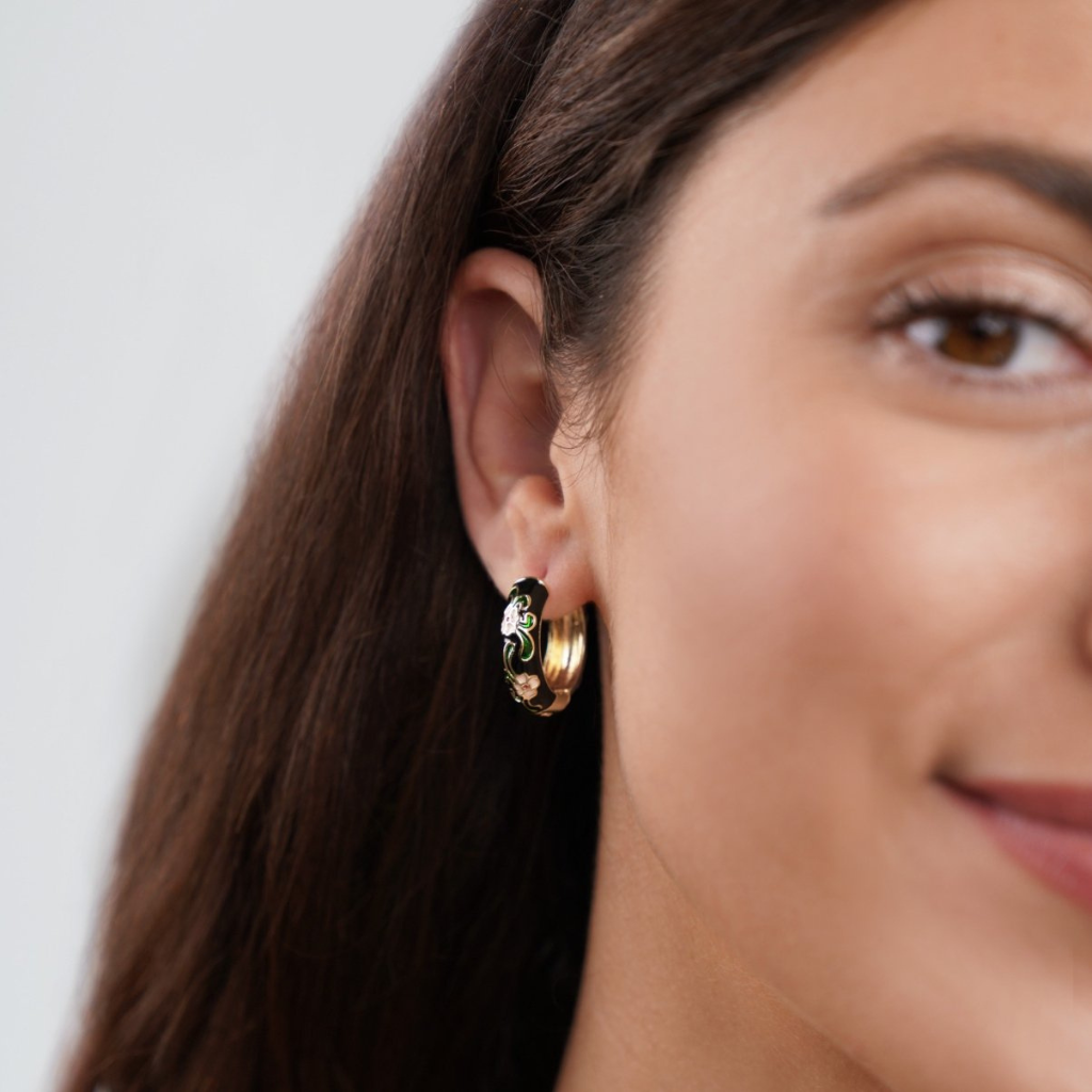 Black Hoop Earrings with Floral Enamel Detail