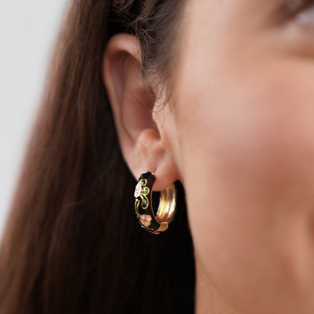 Black Hoop Earrings with Floral Enamel Detail