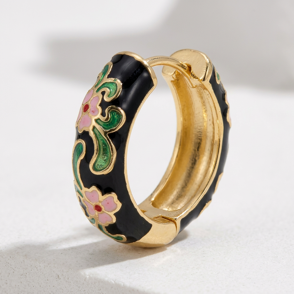 Black Hoop Earrings with Floral Enamel Detail