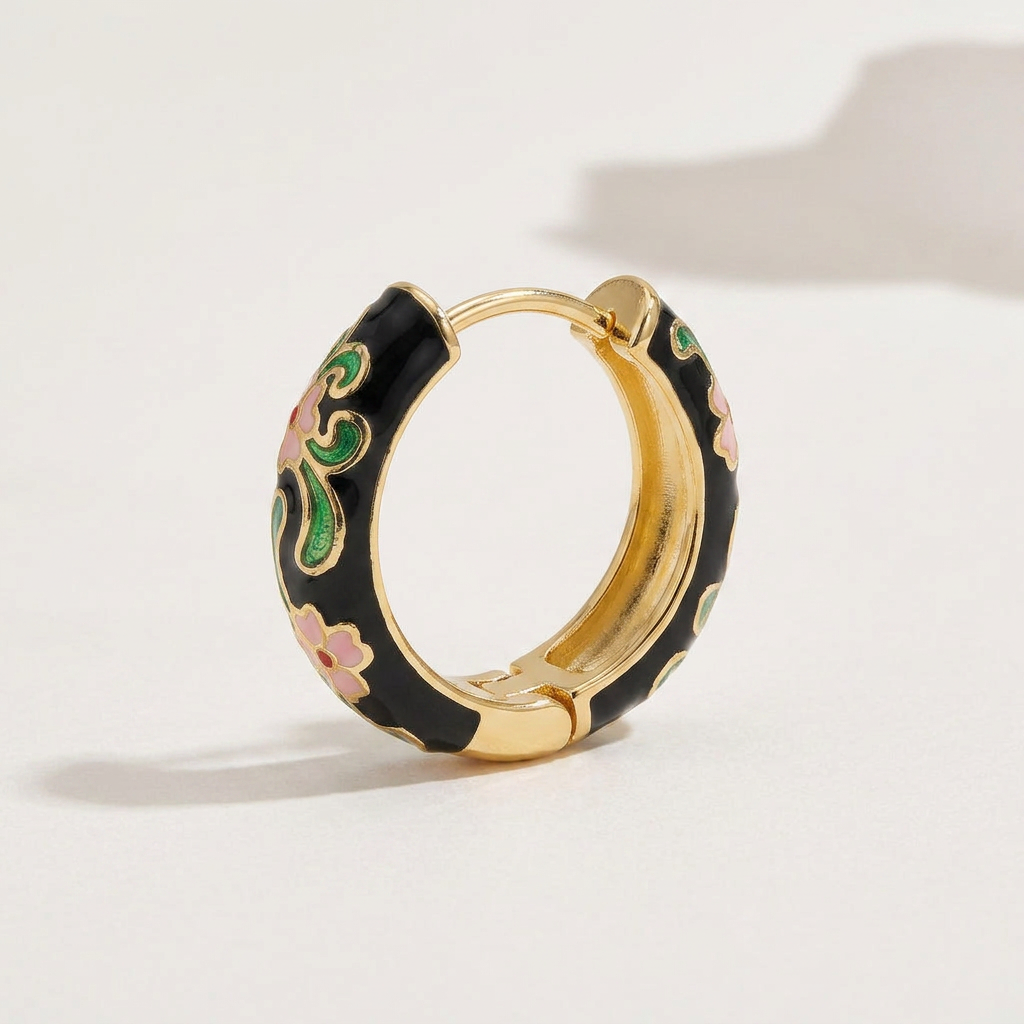 Black Hoop Earrings with Floral Enamel Detail
