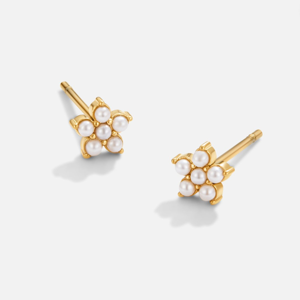 Pearl Stud Earrings with Floral Cluster Design