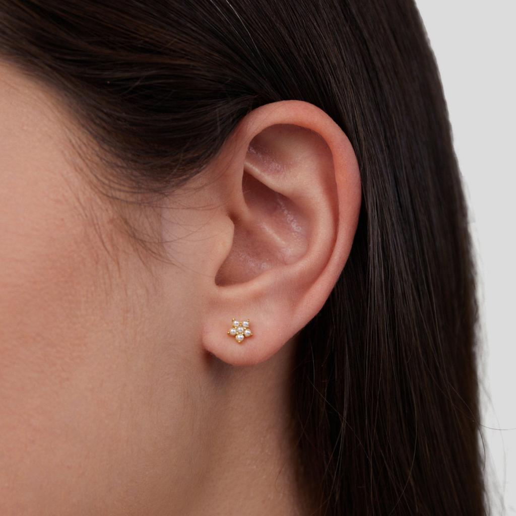 Pearl Stud Earrings with Floral Cluster Design