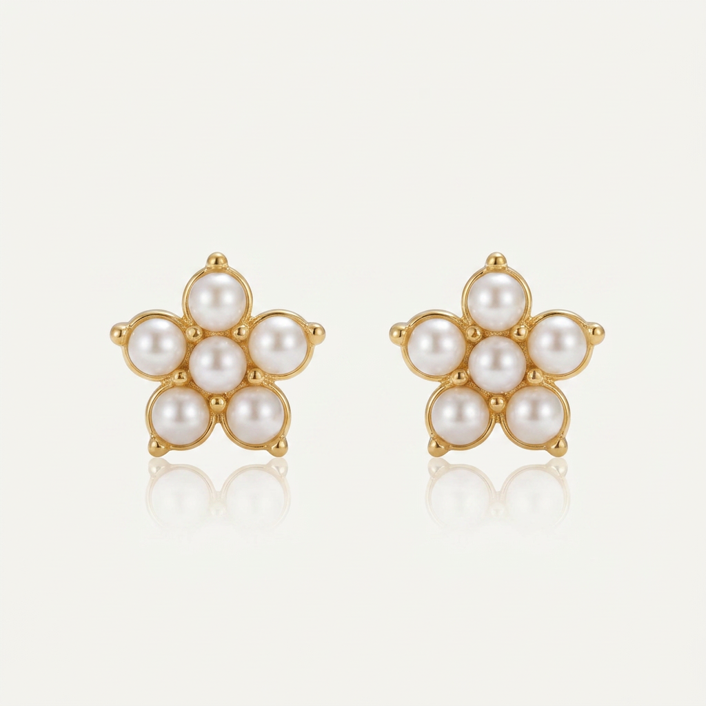 Pearl Stud Earrings with Floral Cluster Design