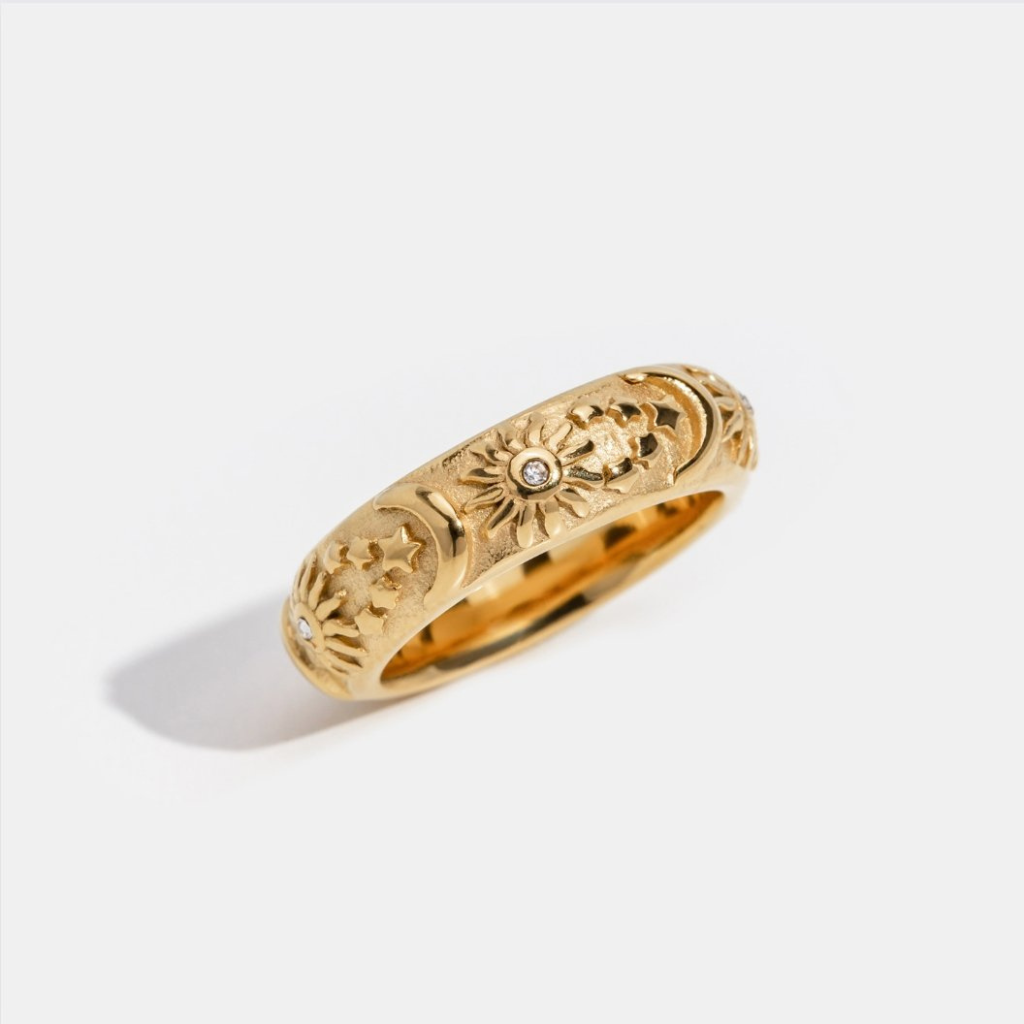 Celestial Ring with Sun and Star Engraving