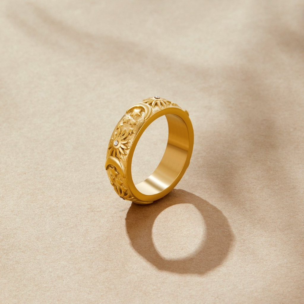 Celestial Ring with Sun and Star Engraving