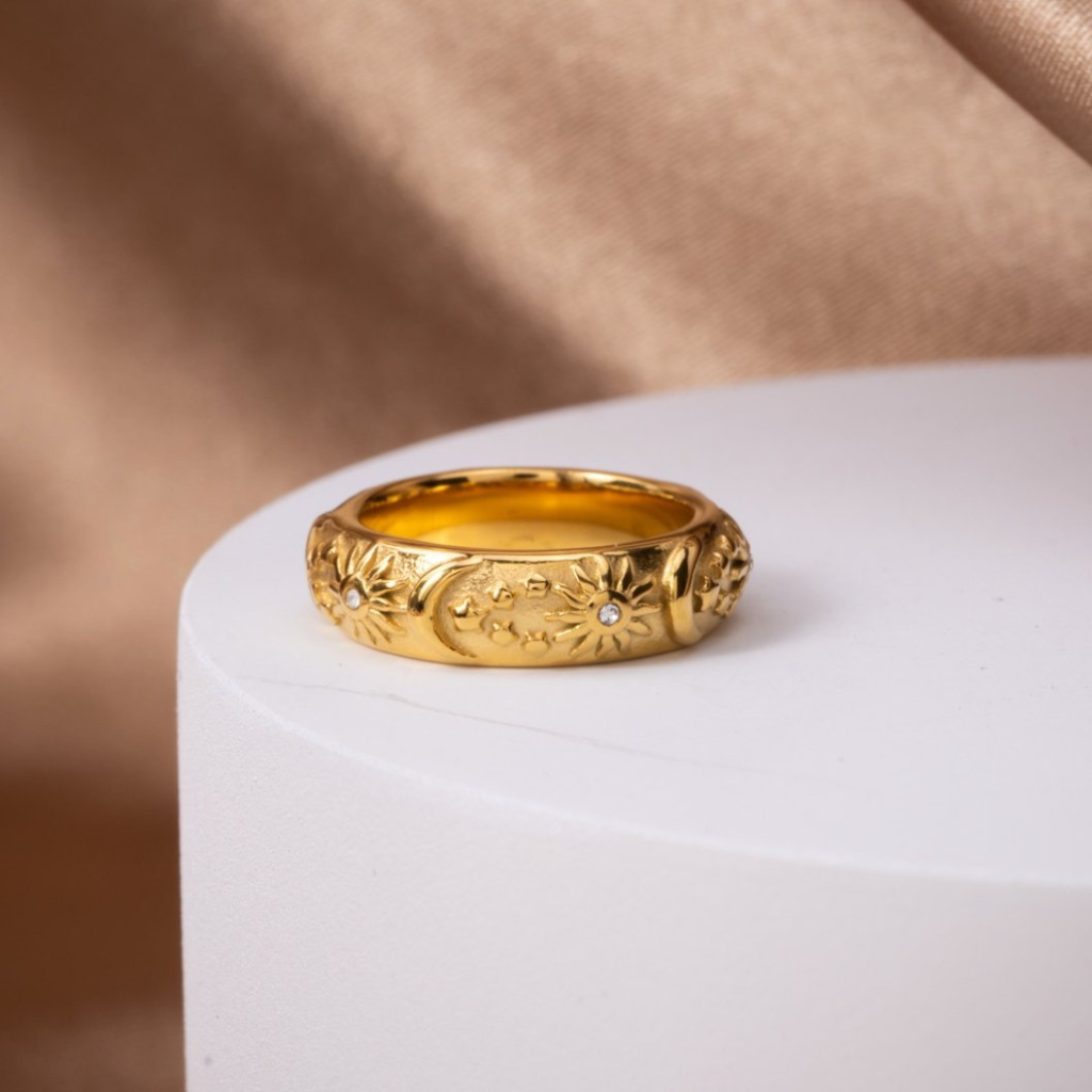 Celestial Ring with Sun and Star Engraving