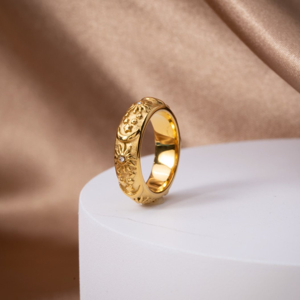 Celestial Ring with Sun and Star Engraving