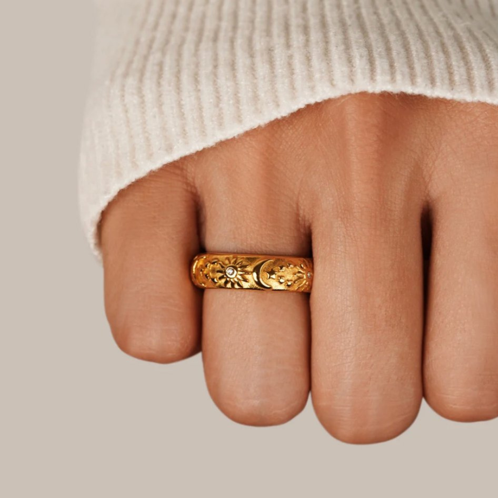 Celestial Ring with Sun and Star Engraving