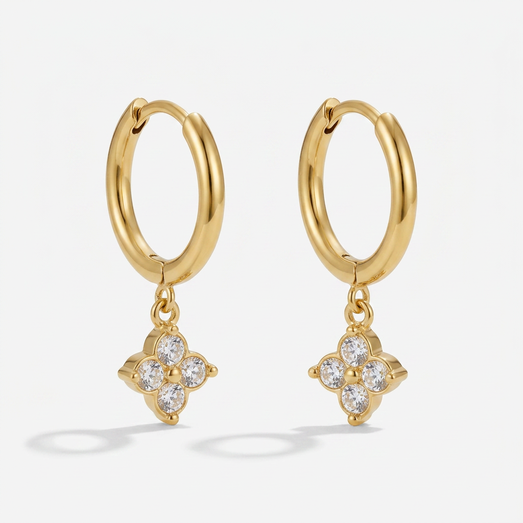 Drop Hoop Earrings with Crystal Clover Charm