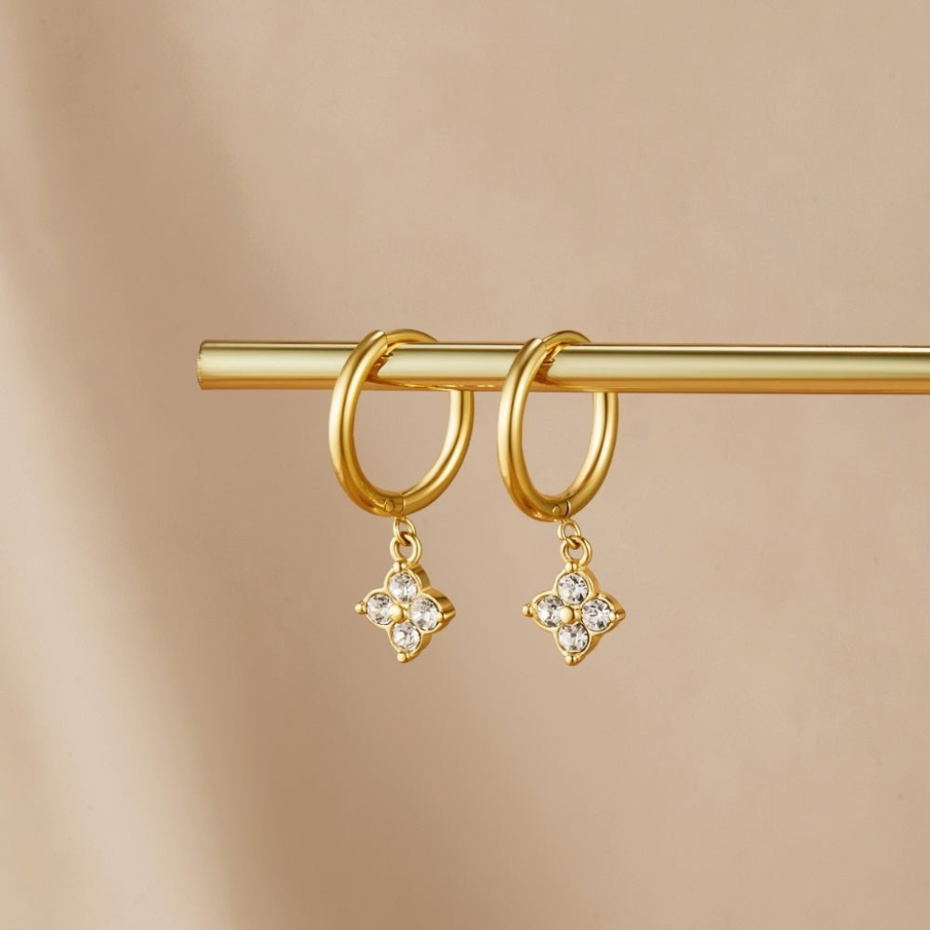 Drop Hoop Earrings with Crystal Clover Charm