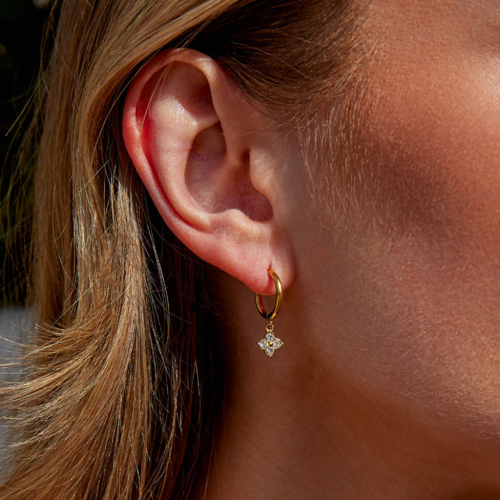 Drop Hoop Earrings with Crystal Clover Charm