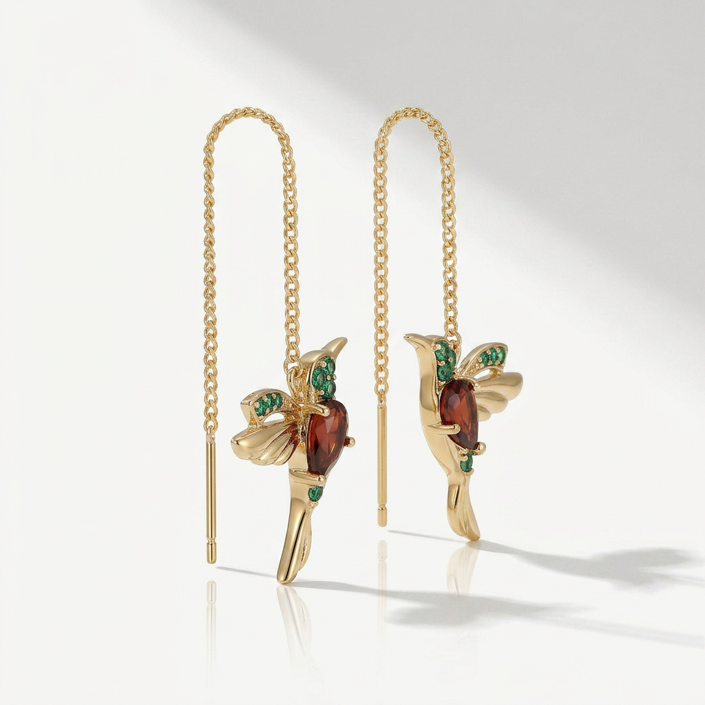 Threader Earrings with Crystal Hummingbird Charm