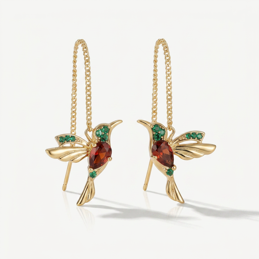 Threader Earrings with Crystal Hummingbird Charm