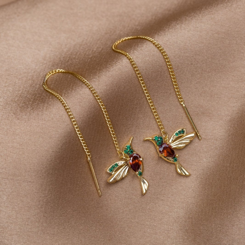 Threader Earrings with Crystal Hummingbird Charm