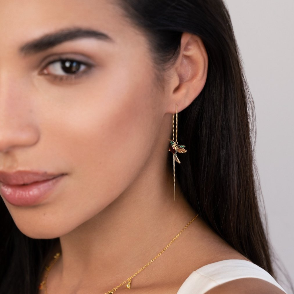 Threader Earrings with Crystal Hummingbird Charm