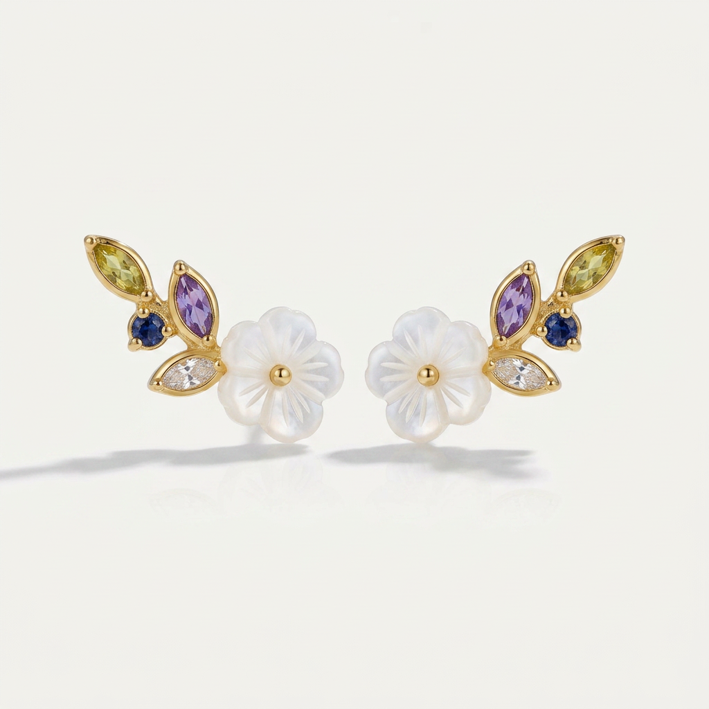 Earrings with White Blossom and Crystal Leaves