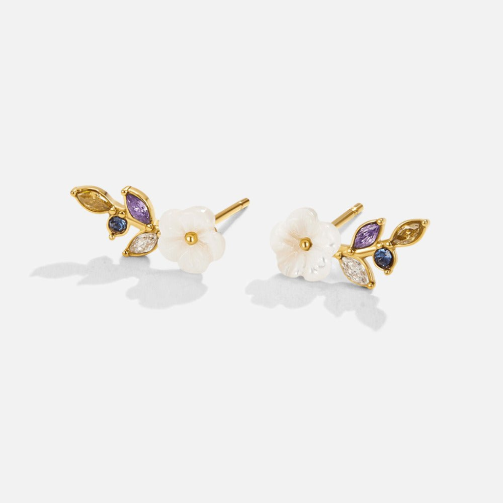 Earrings with White Blossom and Crystal Leaves