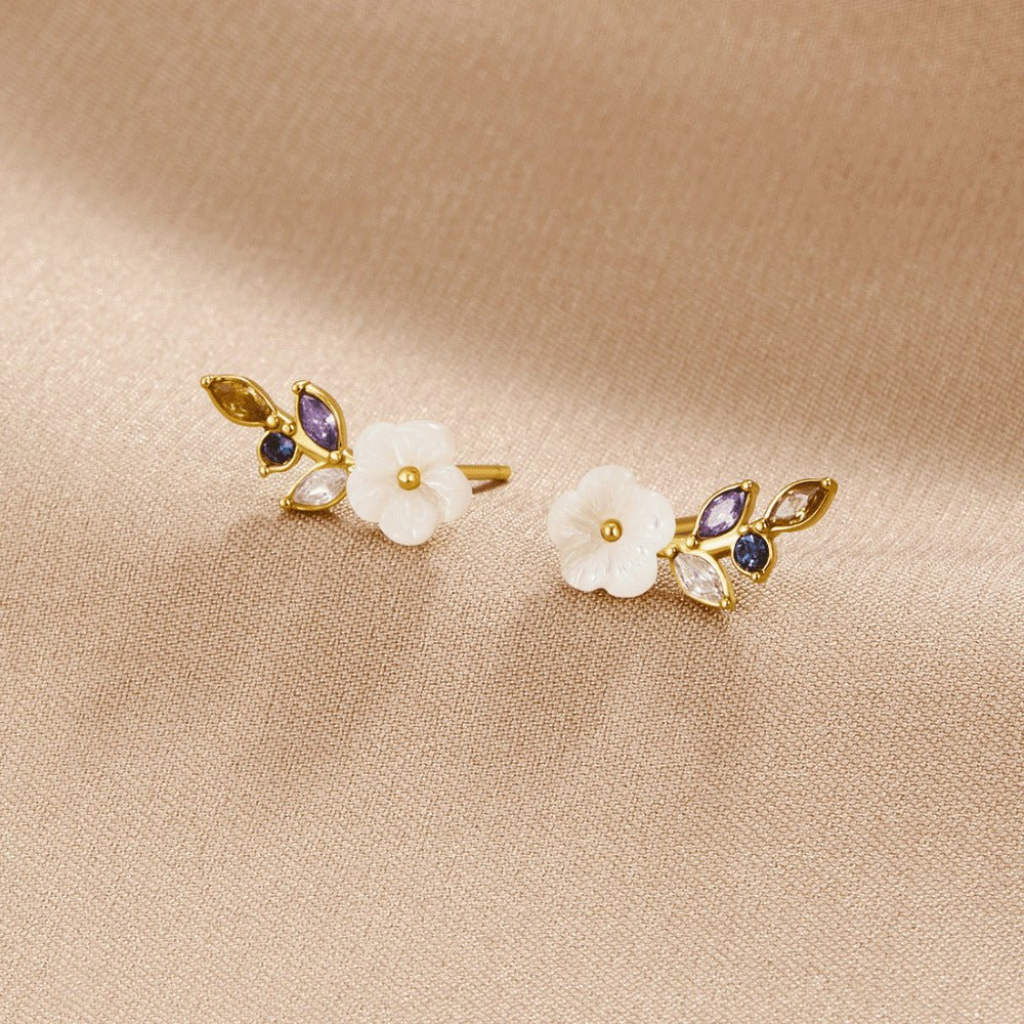 Earrings with White Blossom and Crystal Leaves