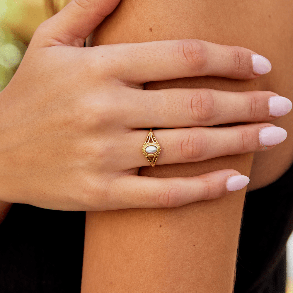 Ring with Oval Pearl and Filigree Band