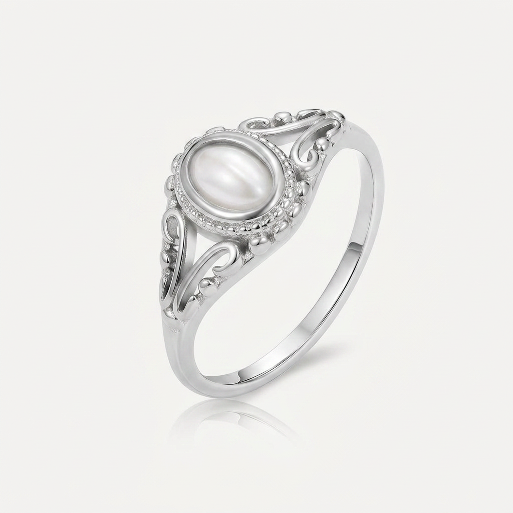 Ring with Oval Pearl and Filigree Band