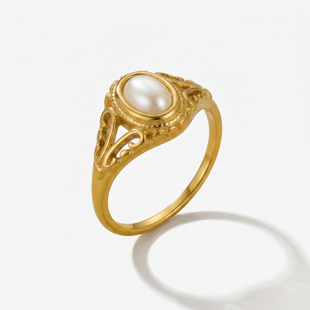 Ring with Oval Pearl and Filigree Band