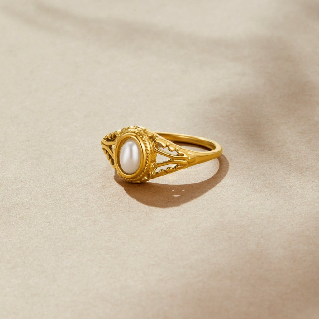 Ring with Oval Pearl and Filigree Band