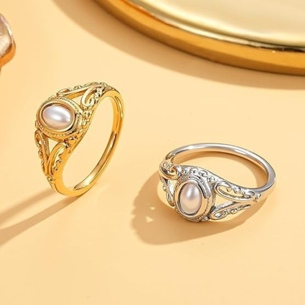 Ring with Oval Pearl and Filigree Band